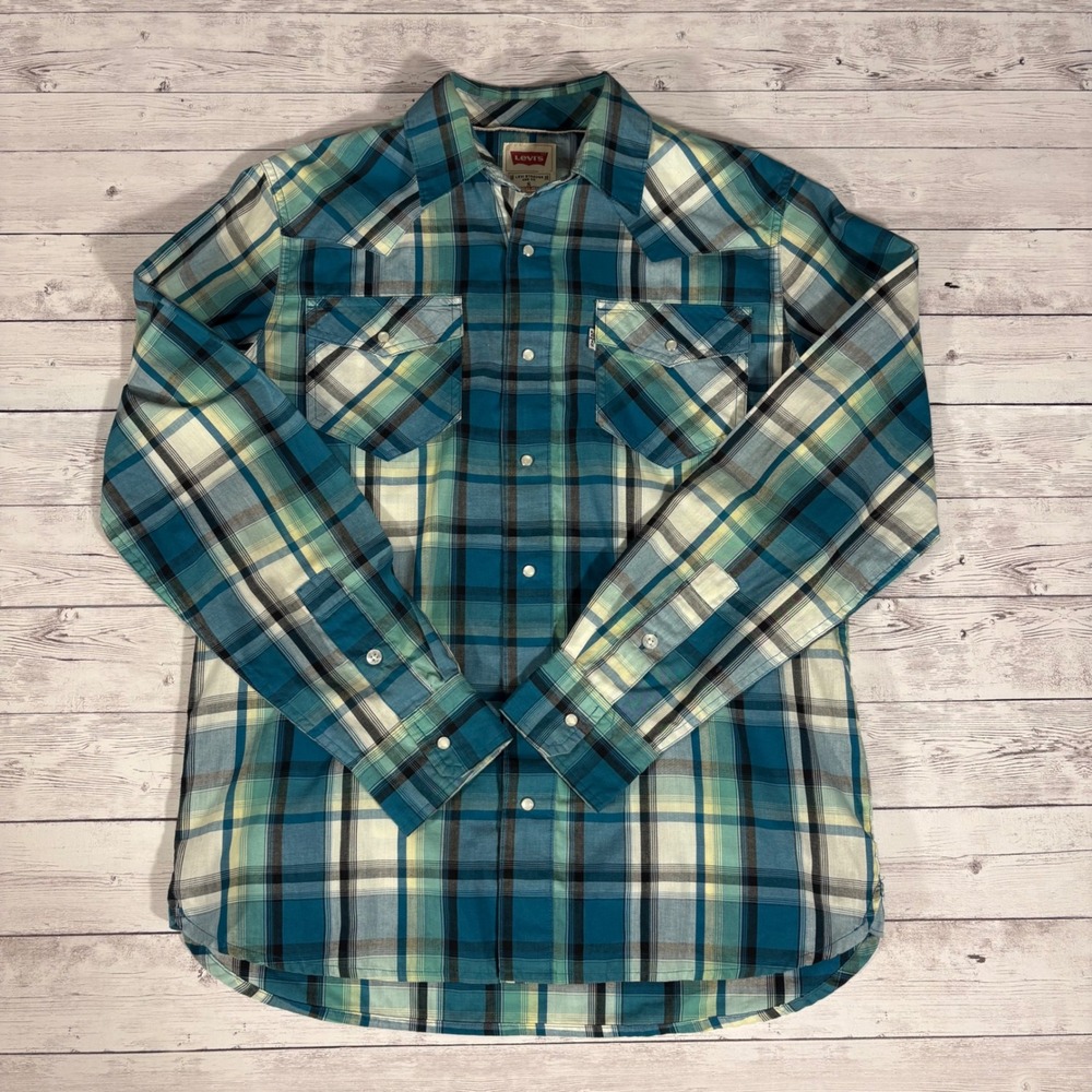 Levi's Modern Western Shirt Mens Small Long Sleeve Plaid Blue Green Button Down